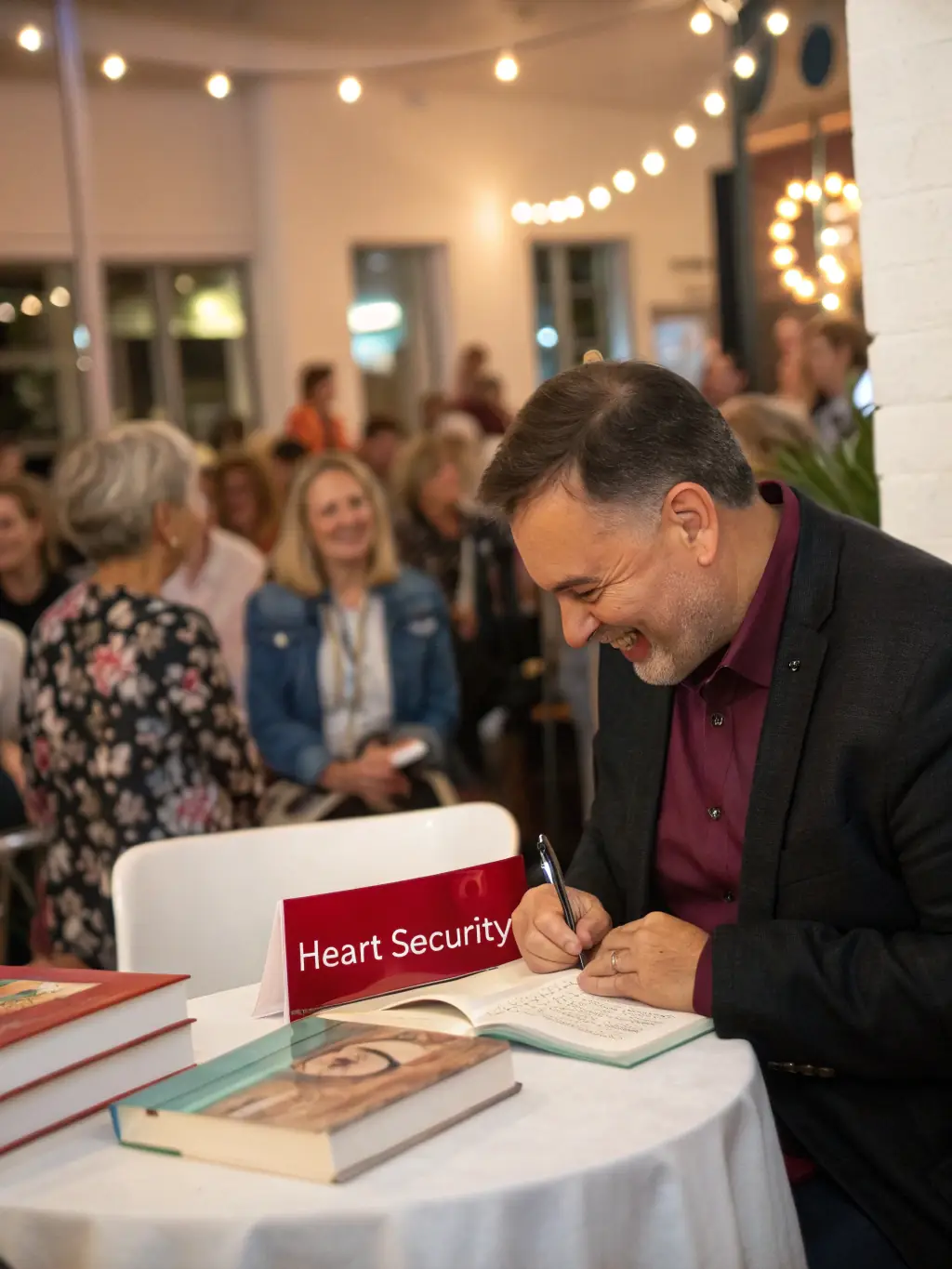 An image of the author speaking at a book signing event with a captivated audience, promoting 'Heart Security'.