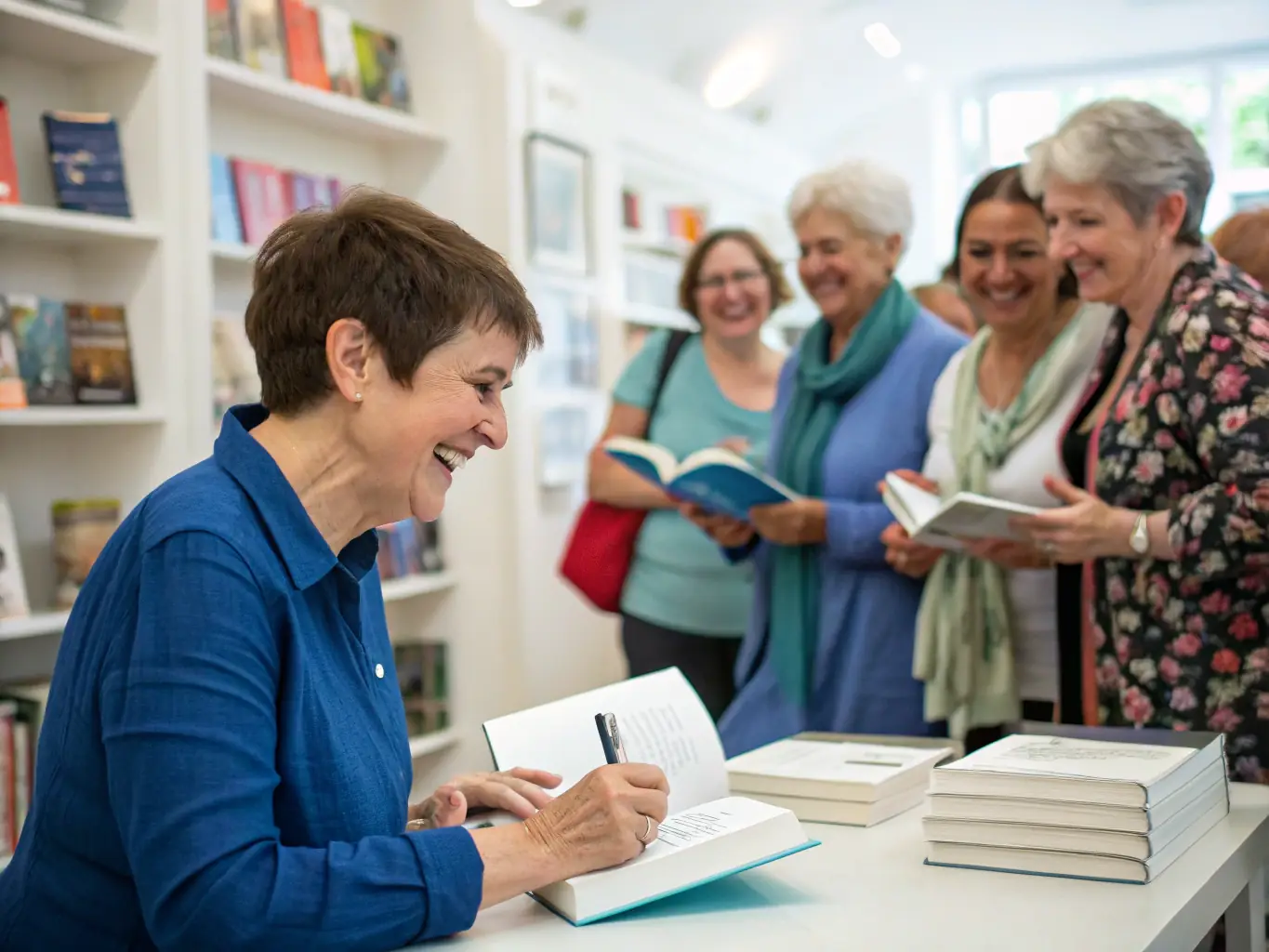 A photograph of the author signing books at a book tour event, with a diverse group of attendees in the background, showcasing the author's engagement with readers.
